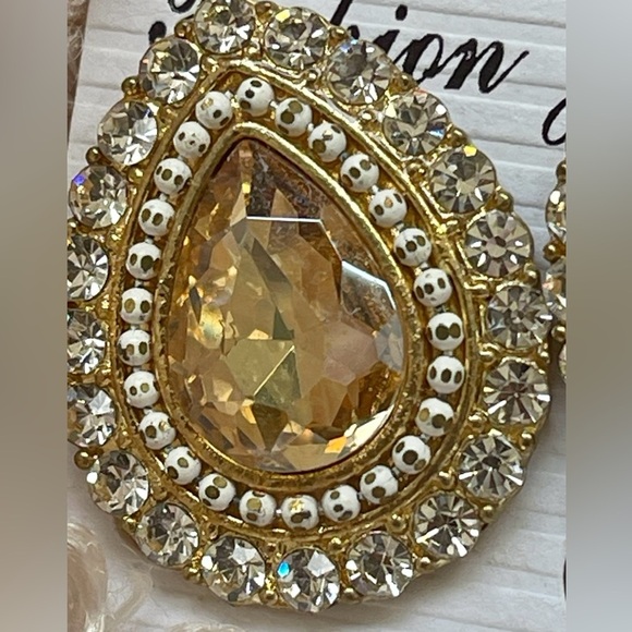 Teardrop Created Citrine Yellow Earrings With Rhinestones and Beads Bran… - Picture 3 of 6